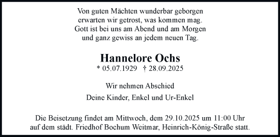 Traueranzeige von Hannelore Ochs von Tageszeitung