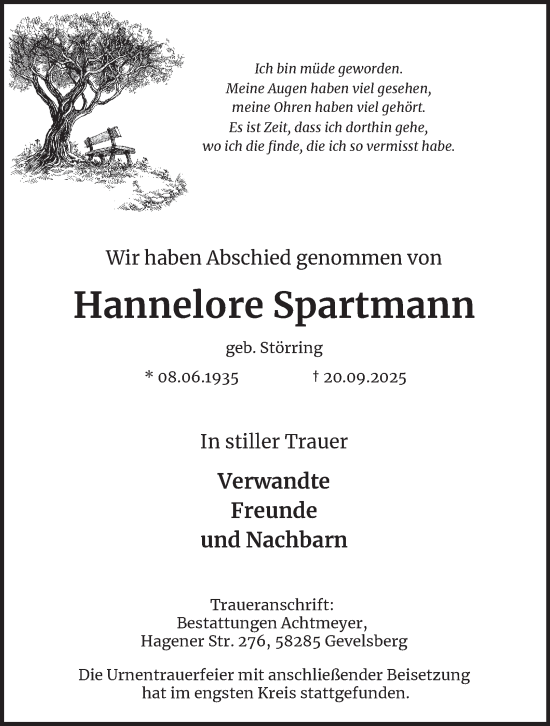 Traueranzeige von Hannelore Spartmann von Tageszeitung