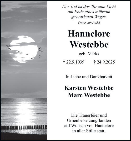 Traueranzeige von Hannelore Westebbe von Tageszeitung
