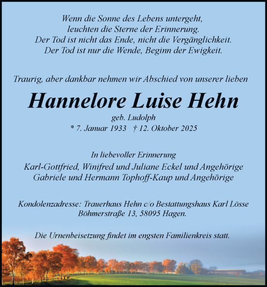 Traueranzeige von Hannelore Luise Hehn von Tageszeitung