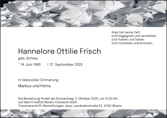 Traueranzeige von Hannelore Ottilie Frisch von Tageszeitung