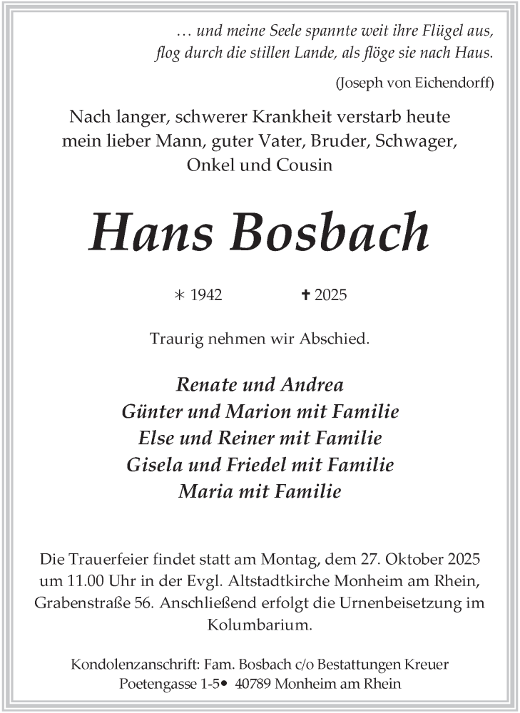  Traueranzeige für Hans Bosbach vom 18.10.2025 aus Tageszeitung