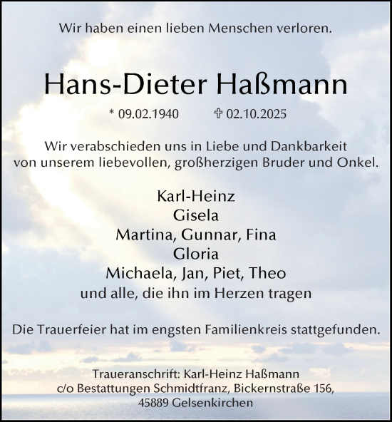 Traueranzeige von Hans-Dieter Haßmann von Tageszeitung