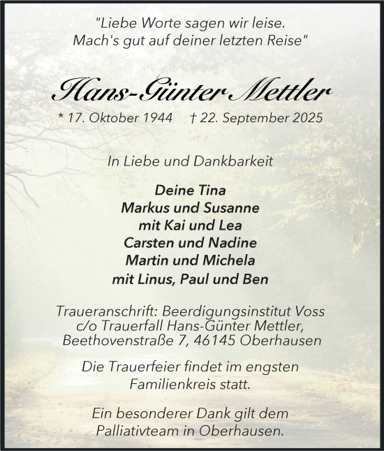 Traueranzeige von Hans-Günter Mettler von Tageszeitung