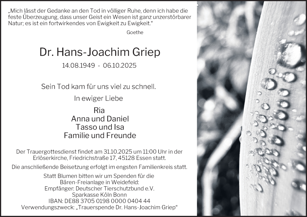  Traueranzeige für Hans-Joachim Griep vom 18.10.2025 aus Tageszeitung