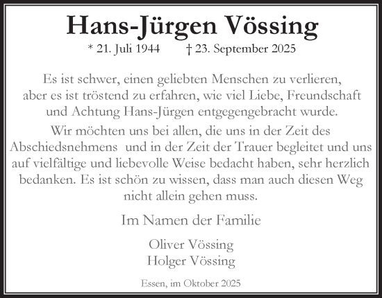 Traueranzeige von Hans-Jürgen Vössing von Tageszeitung