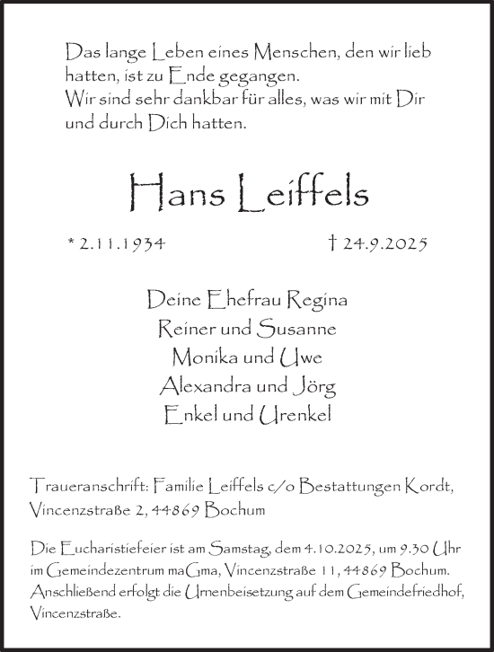 Traueranzeige von Hans Leiffels von Tageszeitung