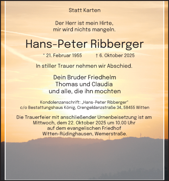 Traueranzeige von Hans-Peter Ribberger von Tageszeitung