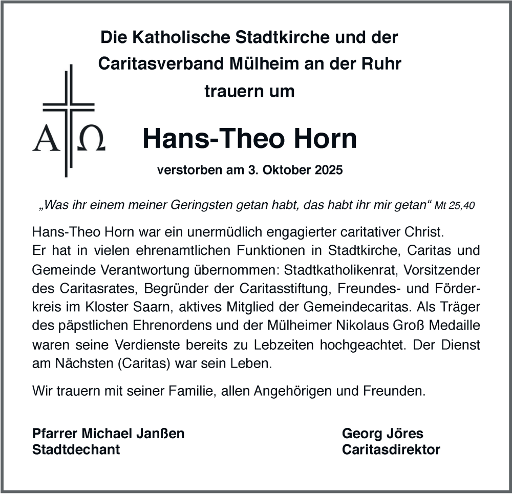  Traueranzeige für Hans-Theo Horn vom 18.10.2025 aus Tageszeitung