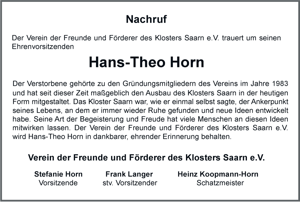  Traueranzeige für Hans-Theo Horn vom 18.10.2025 aus Tageszeitung