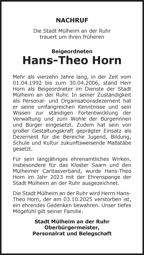  Traueranzeige für Hans-Theo Horn vom 18.10.2025 aus Tageszeitung