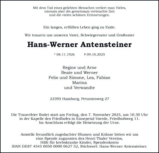 Traueranzeige von Hans-Werner Antensteiner von Tageszeitung