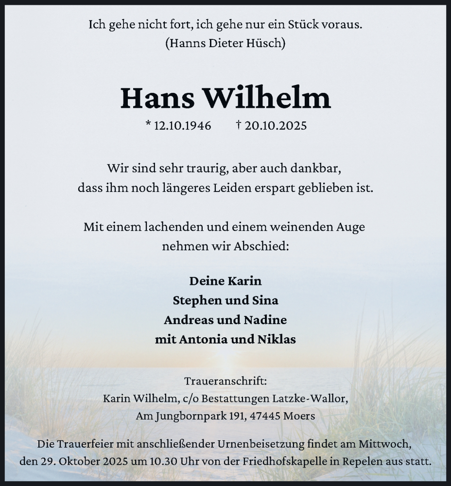  Traueranzeige für Hans Wilhelm vom 25.10.2025 aus Tageszeitung