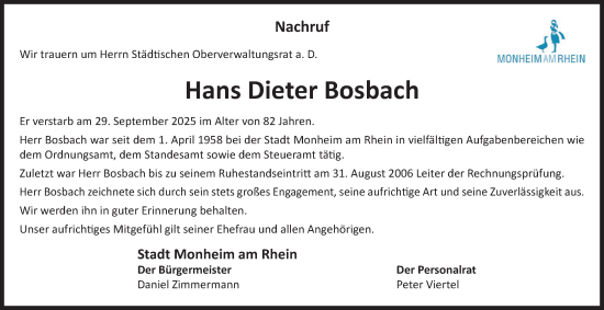 Traueranzeige von Hans Dieter Bosbach von Tageszeitung