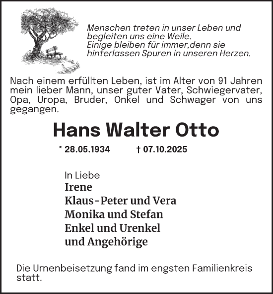 Traueranzeige von Hans Walter Otto von Tageszeitung