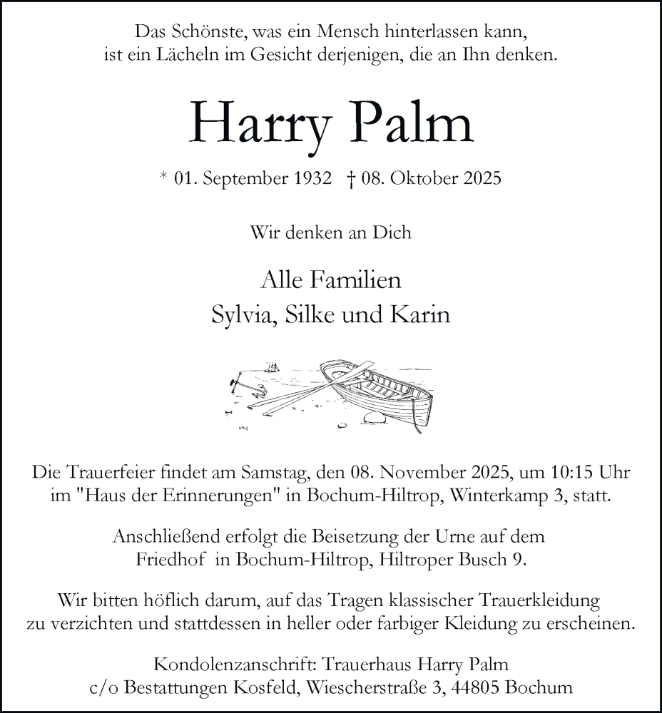  Traueranzeige für Harry Palm vom 25.10.2025 aus Tageszeitung
