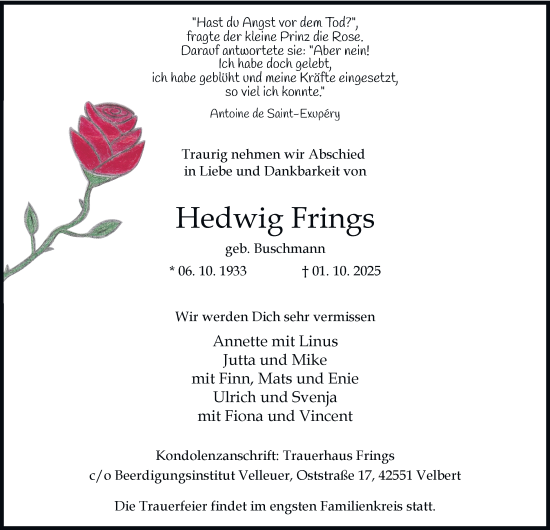 Traueranzeige von Hedwig Frings von Tageszeitung