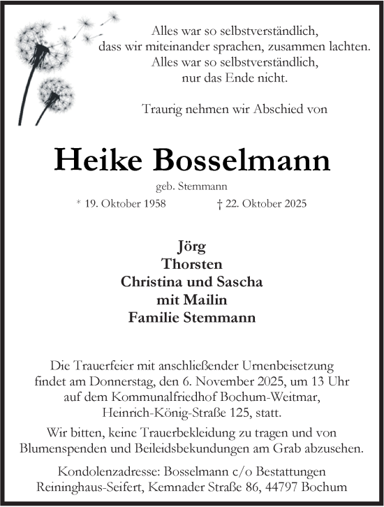Traueranzeige von Heike Bosselmann von Tageszeitung