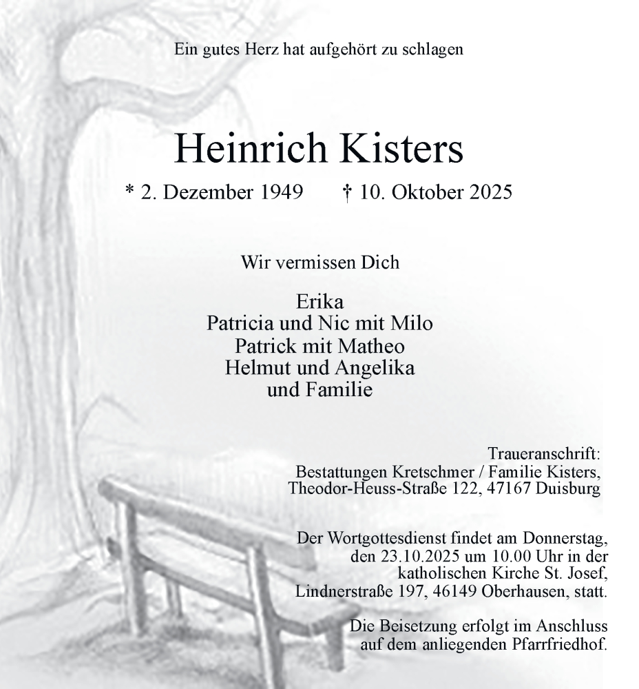  Traueranzeige für Heinrich Kisters vom 18.10.2025 aus Tageszeitung