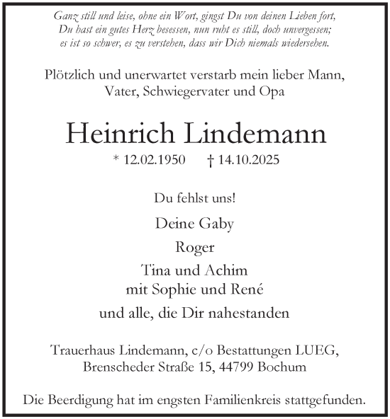 Traueranzeige von Heinrich Lindemann von Tageszeitung