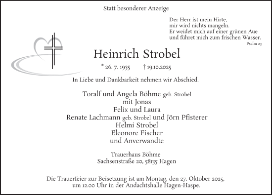 Traueranzeige von Heinrich Strobel von Tageszeitung