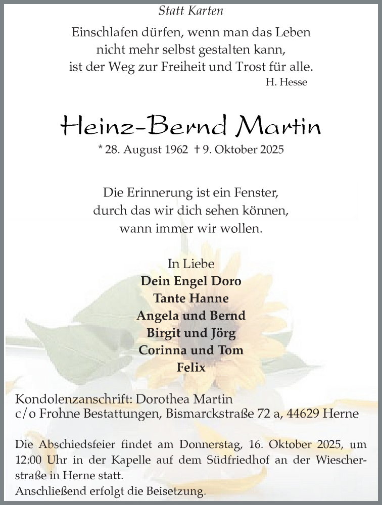  Traueranzeige für Heinz-Bernd Martin vom 14.10.2025 aus Tageszeitung
