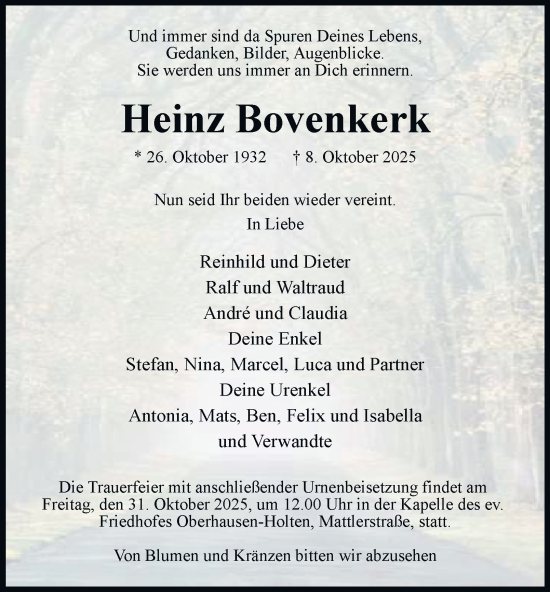 Traueranzeige von Heinz Bovenkerk von Tageszeitung