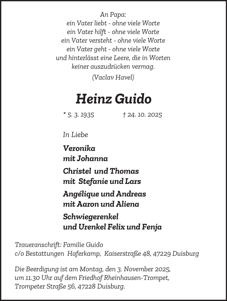  Traueranzeige für Heinz Guido vom 31.10.2025 aus Tageszeitung