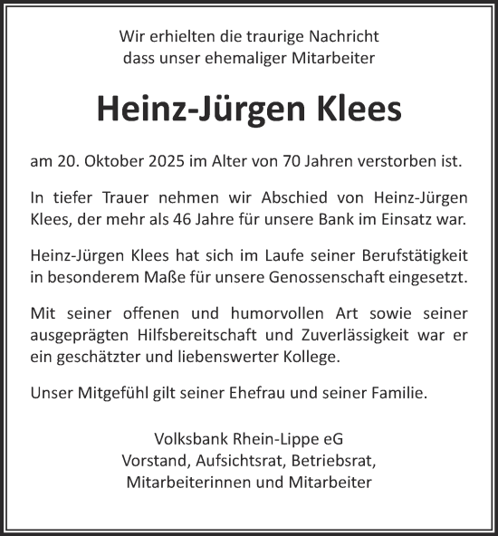 Traueranzeige von Heinz-Jürgen Klees von Tageszeitung