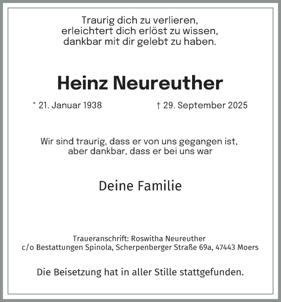 Traueranzeige von Heinz Neureuther von Tageszeitung