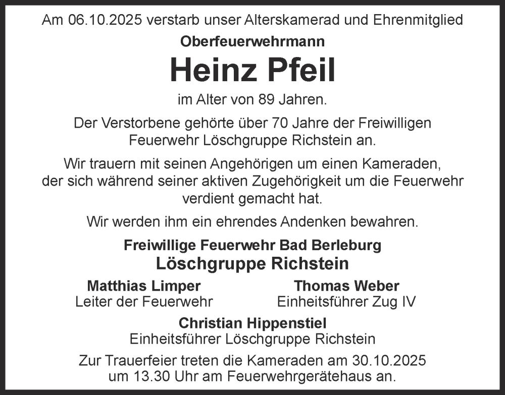  Traueranzeige für Heinz Pfeil vom 25.10.2025 aus Tageszeitung