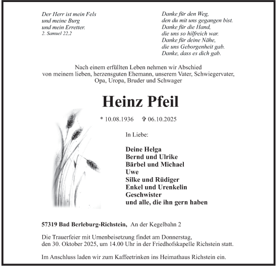 Traueranzeige von Heinz Pfeil von Tageszeitung