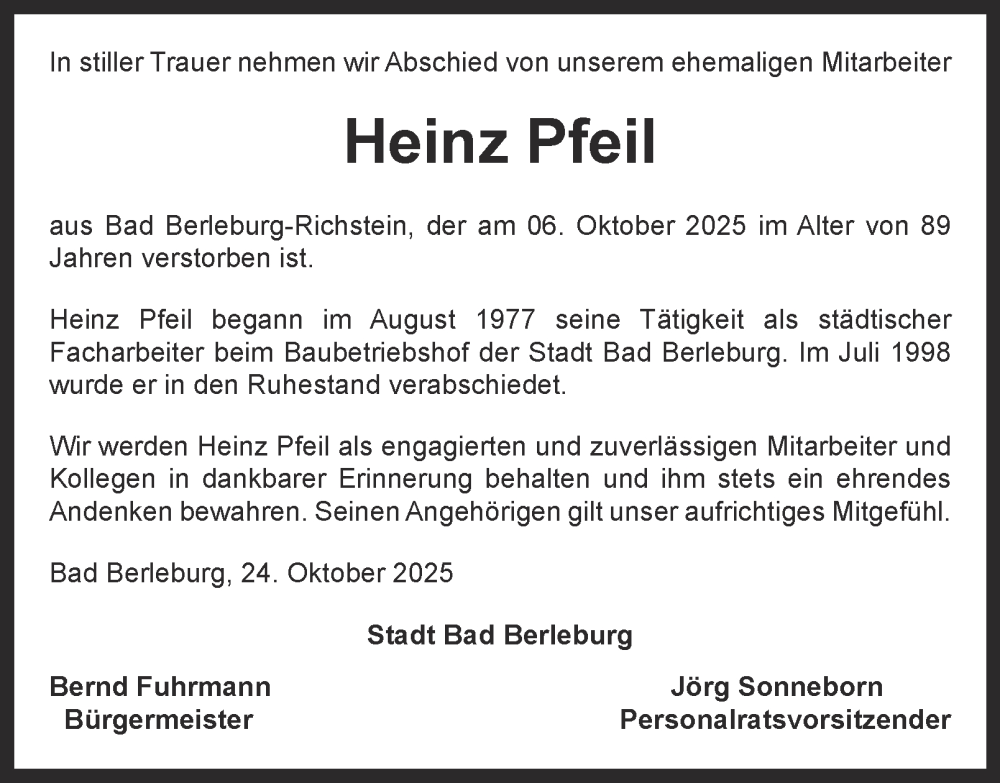  Traueranzeige für Heinz Pfeil vom 25.10.2025 aus Tageszeitung