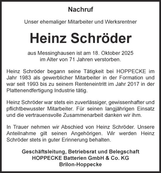 Traueranzeige von Heinz Schröder von Tageszeitung