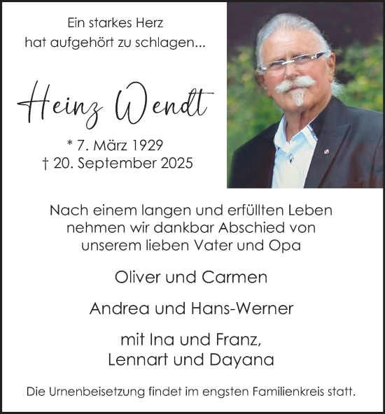 Traueranzeige von Heinz Wendt von Tageszeitung