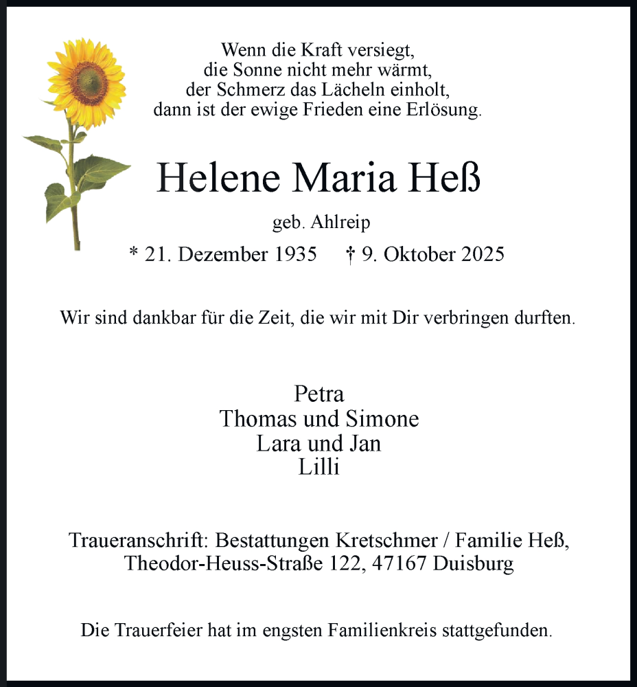  Traueranzeige für Helene Maria Heß vom 18.10.2025 aus Tageszeitung