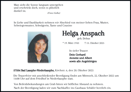 Traueranzeige von Helga Anspach von Tageszeitung