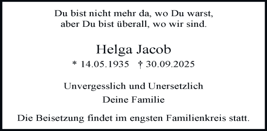 Traueranzeige von Helga Jacob von Tageszeitung