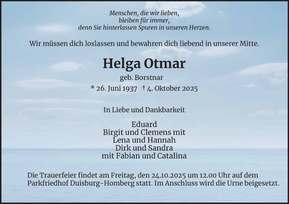  Traueranzeige für Helga Otmar vom 18.10.2025 aus Tageszeitung