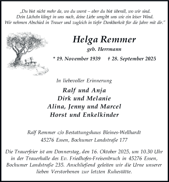 Traueranzeige von Helga Remmer von Tageszeitung