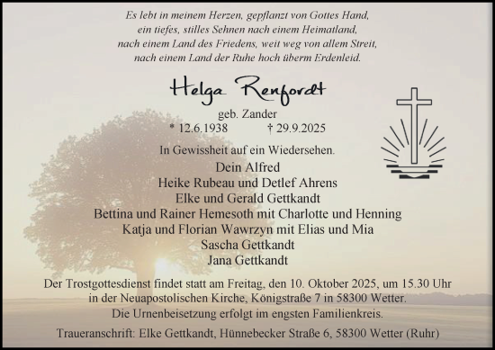 Traueranzeige von Helga Rengordt von Tageszeitung