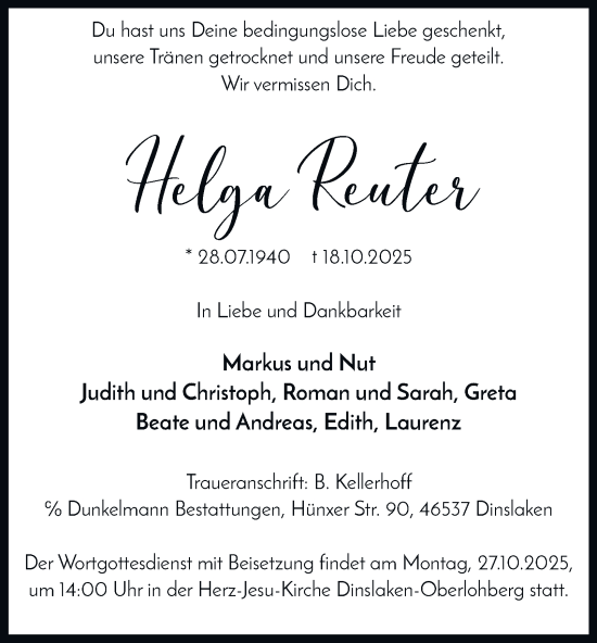 Traueranzeige von Helga Reuter von Tageszeitung