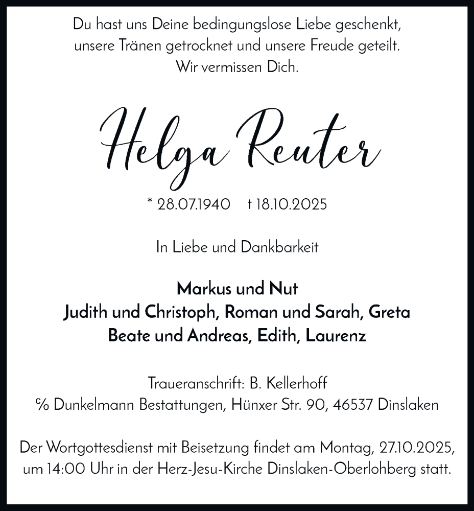  Traueranzeige für Helga Reuter vom 23.10.2025 aus Tageszeitung