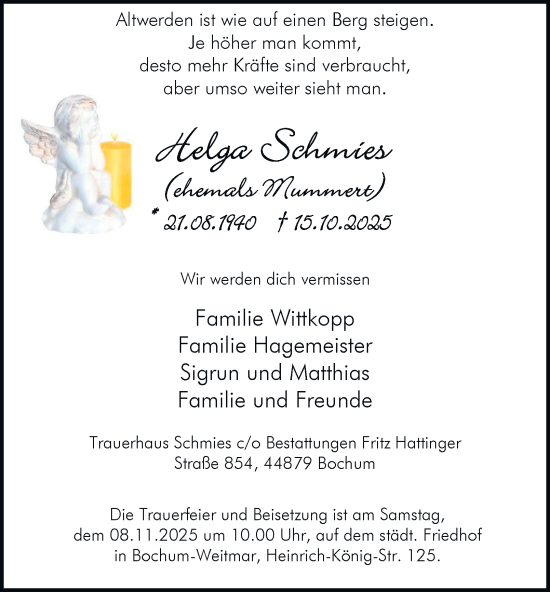 Traueranzeige von Helga Schmies von Tageszeitung