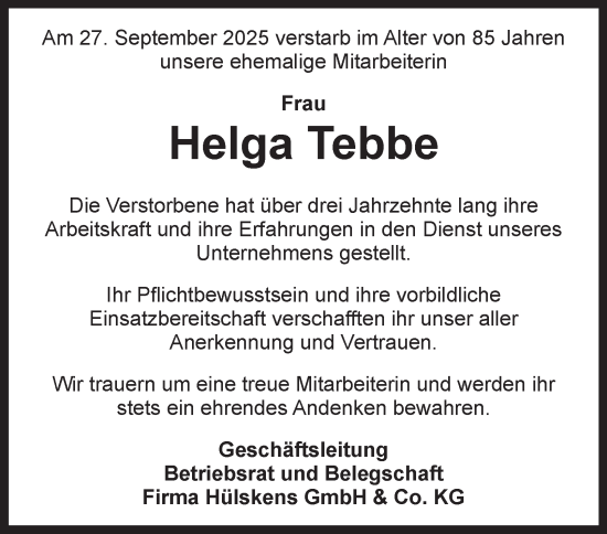 Traueranzeige von Helga Tebbe von Tageszeitung