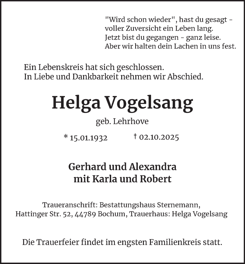  Traueranzeige für Helga Vogelsang vom 08.10.2025 aus Tageszeitung