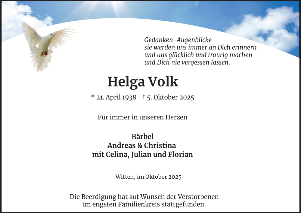  Traueranzeige für Helga Volk vom 25.10.2025 aus Tageszeitung