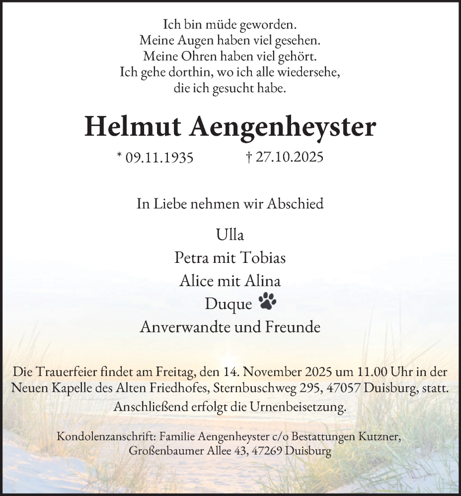  Traueranzeige für Helmut Aengenheyster vom 01.11.2025 aus Tageszeitung