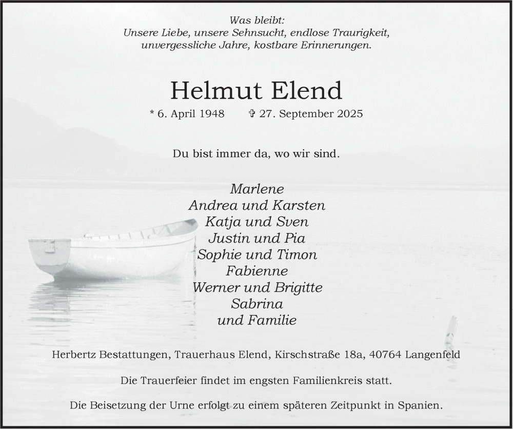  Traueranzeige für Helmut Elend vom 04.10.2025 aus Tageszeitung