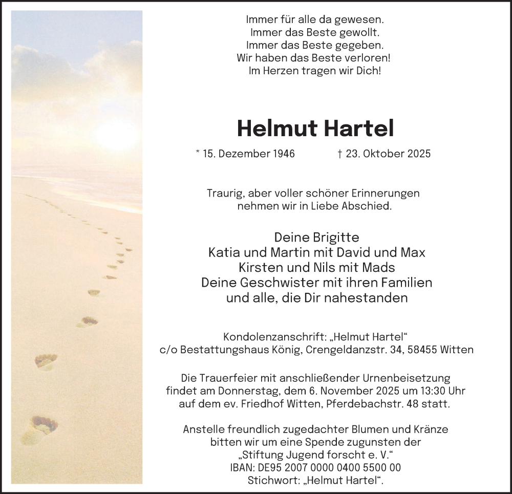  Traueranzeige für Helmut Hartel vom 01.11.2025 aus Tageszeitung